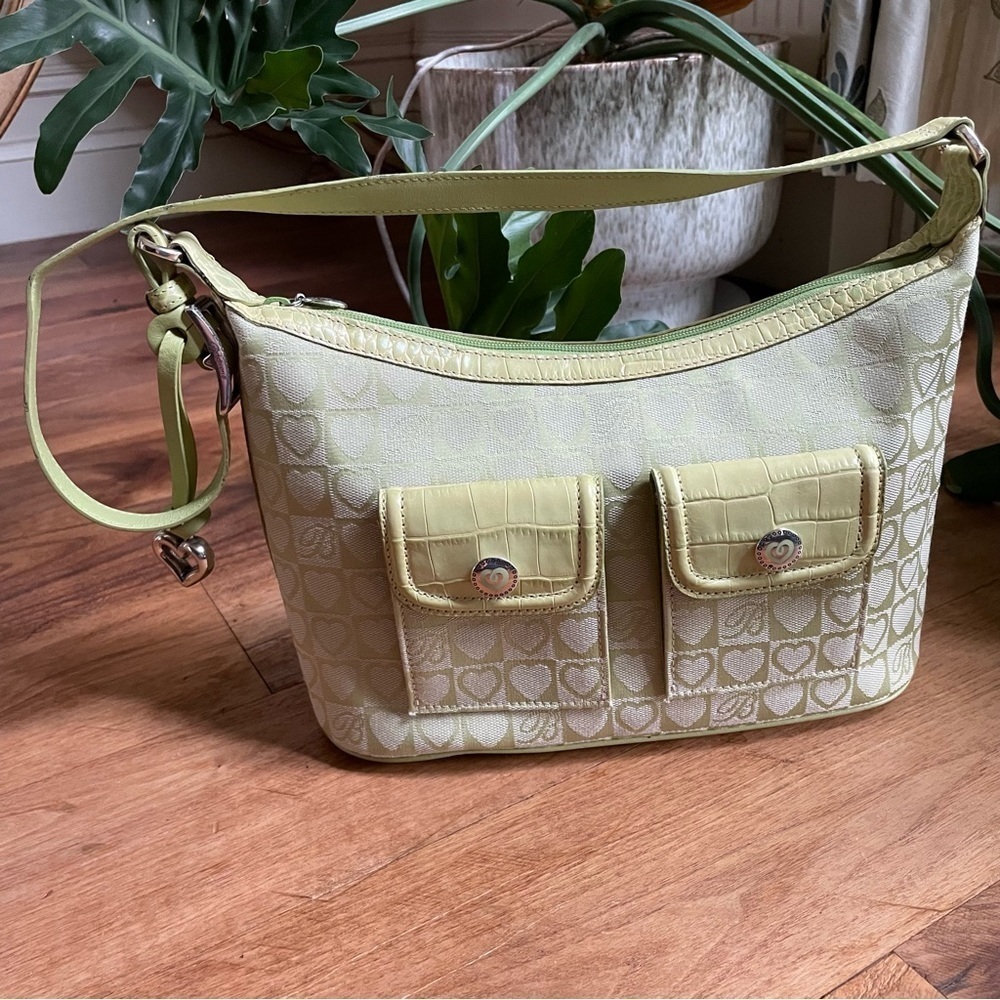 Brighton Y2K Green Canvas Heart Print Logo Two Pocket Shoulder Bag